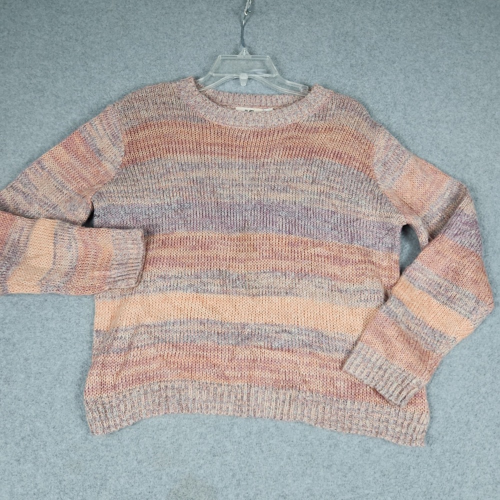 Mi Ami Sweater Womens Medium Pink Peach Striped Slit Hem Crew Neck Pullover